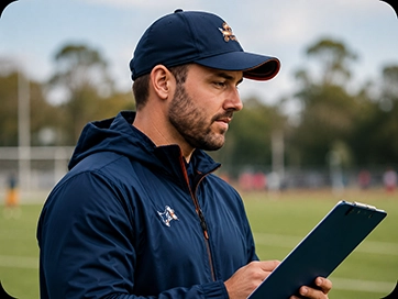 Coach reviewing team notes on the sideline